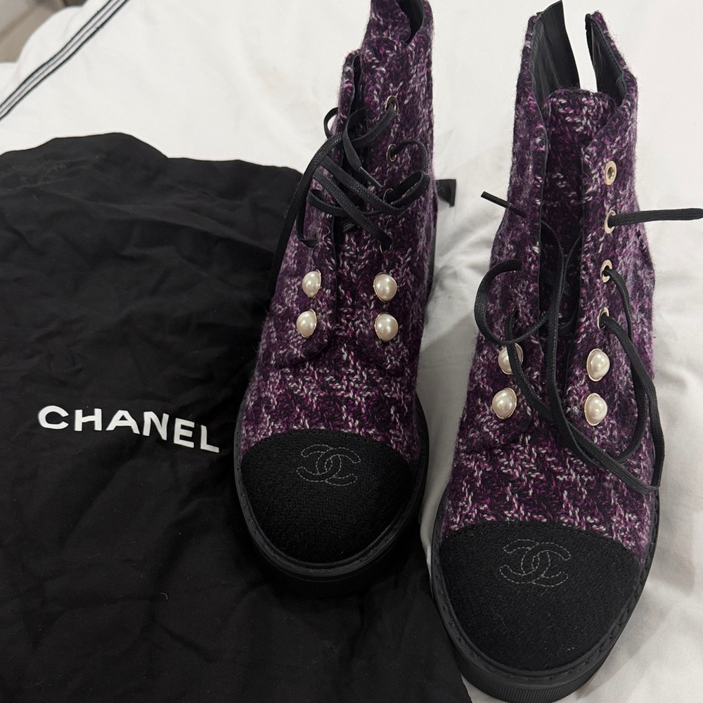 Chanel Black and Purple Lace-Up Tweed Boots